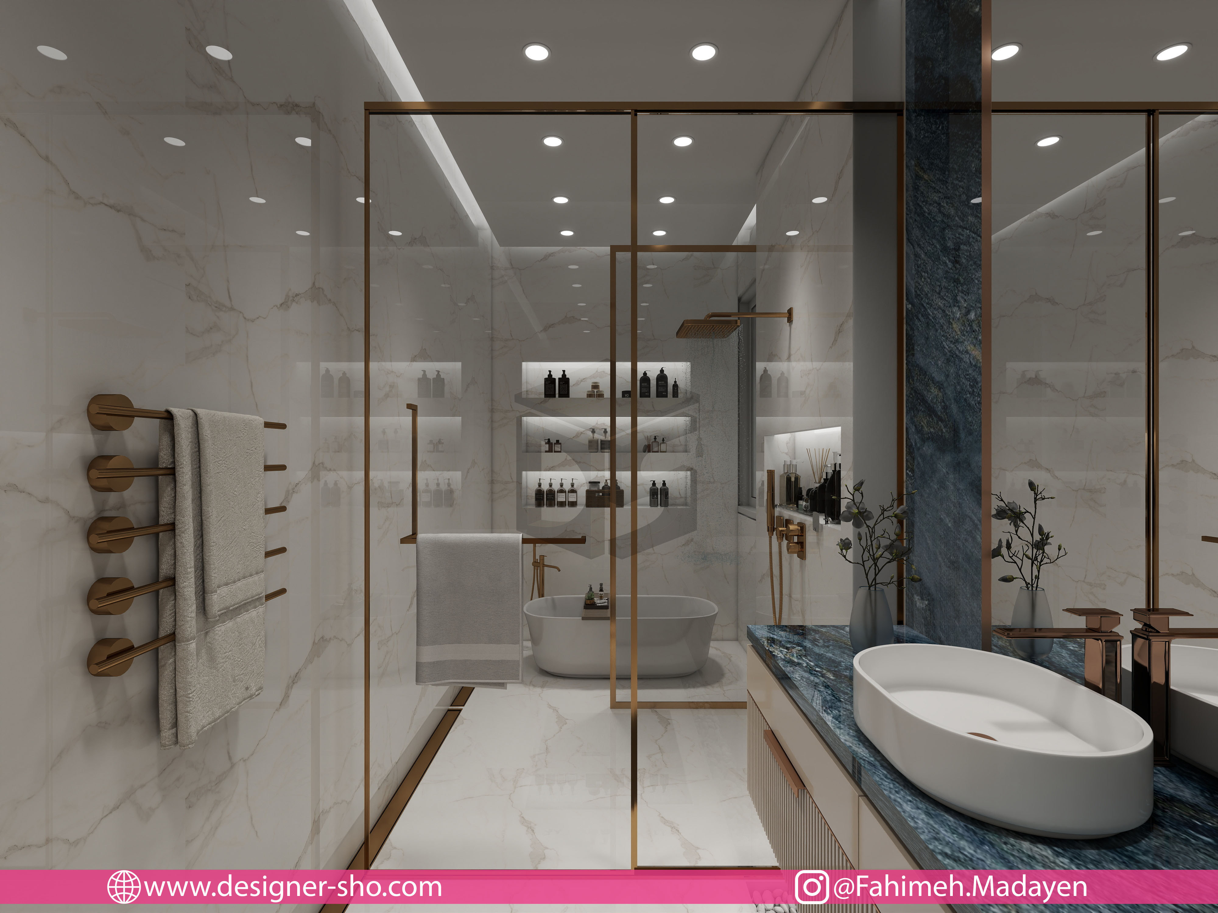 طراحی وان مستقل در حمام مدرن با شلف توکار نورپردازی شده، کاشی مرمر سفید و شیرآلات طلایی