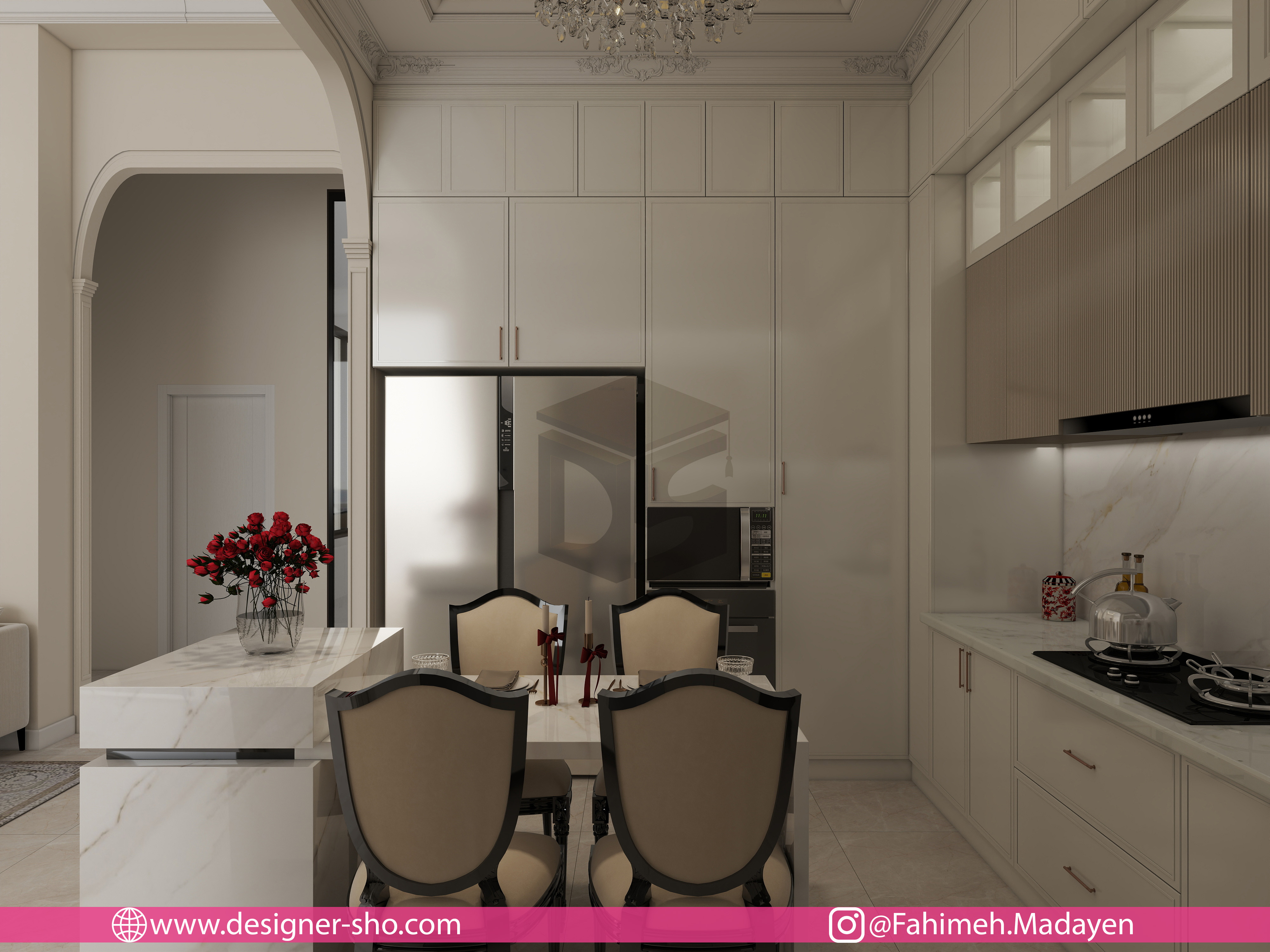 طراحی آشپزخانه نئوکلاسیک مدرن با پنتری