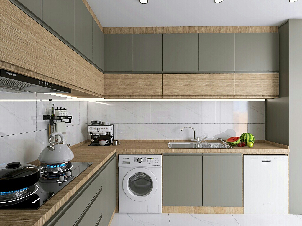 کابینت سبز سدری با چوب طبیعی و لوازم برقی سفید