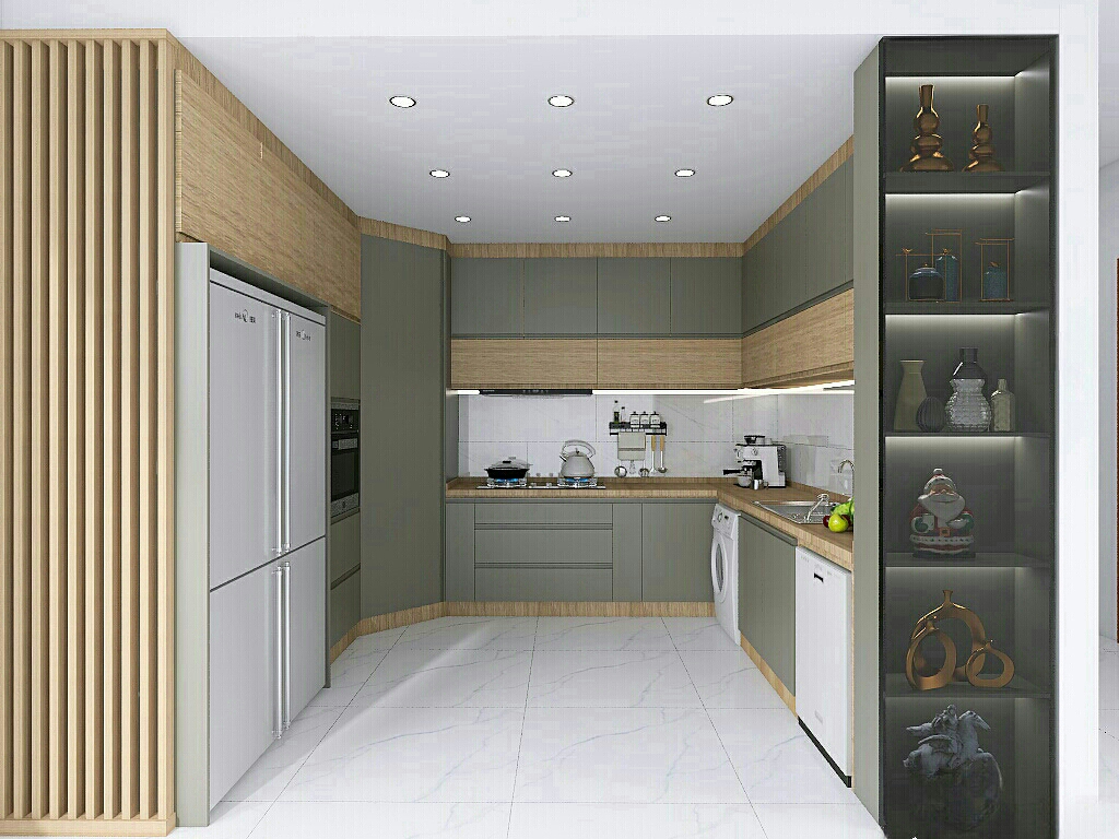 کابینت سبز سدری با چوب طبیعی و لوازم برقی سفید