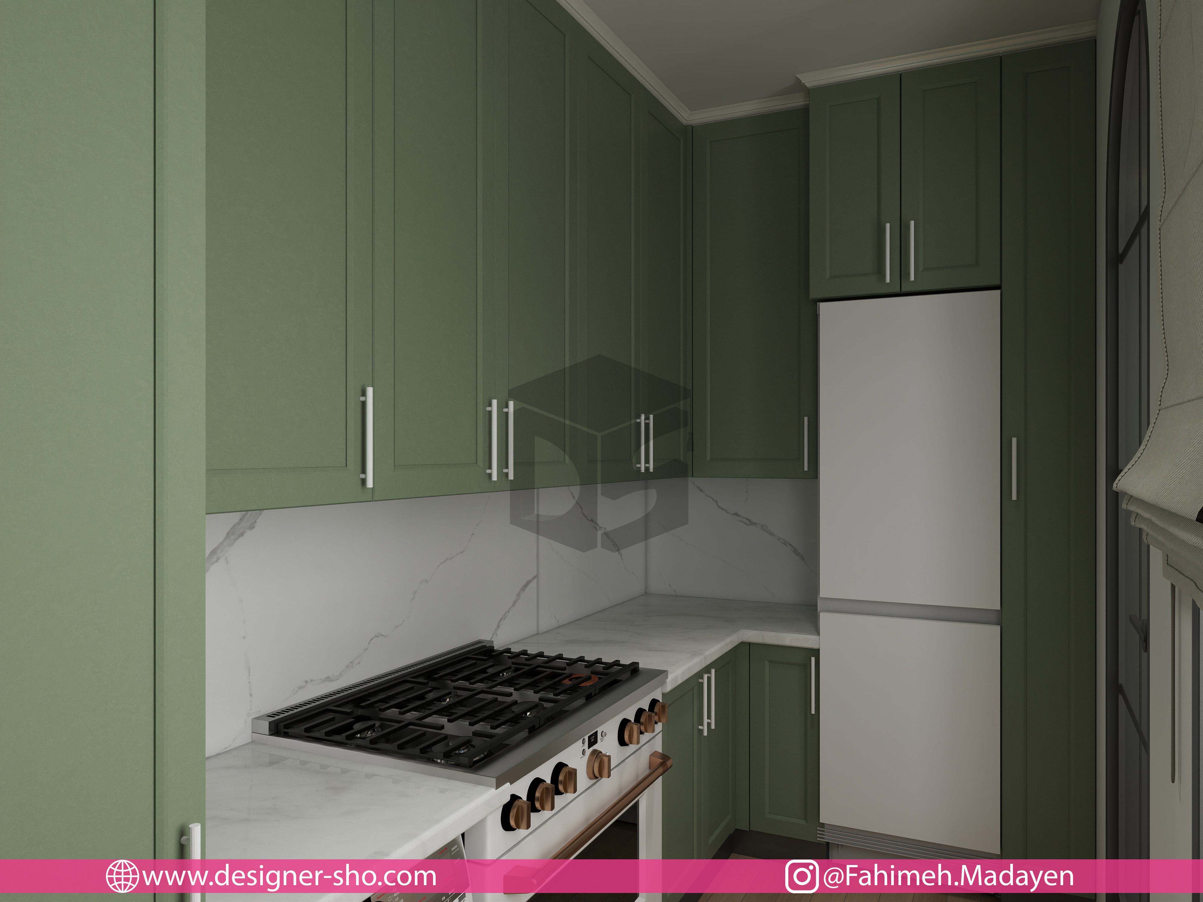 آشپزخانه کثیف با کابینت سبز سیج نئوکلاسیک، یخچال و صفحه کار سنگی در خانه صریریان