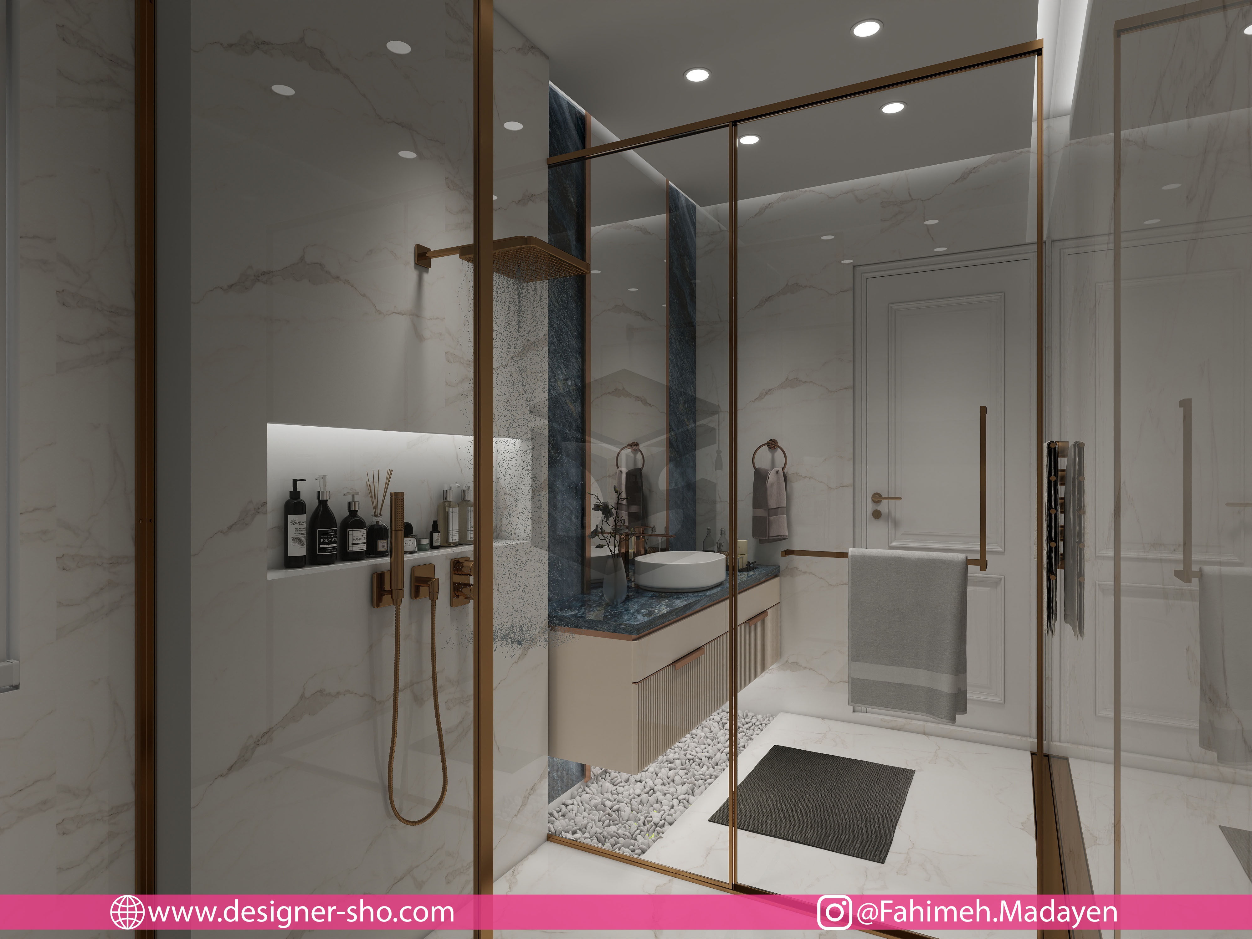 طراحی حمام نئوکلاسیک مدرن با وان مستقل، کابین دوش شیشهای، یراقآلات طلایی و نورپردازی مخفی