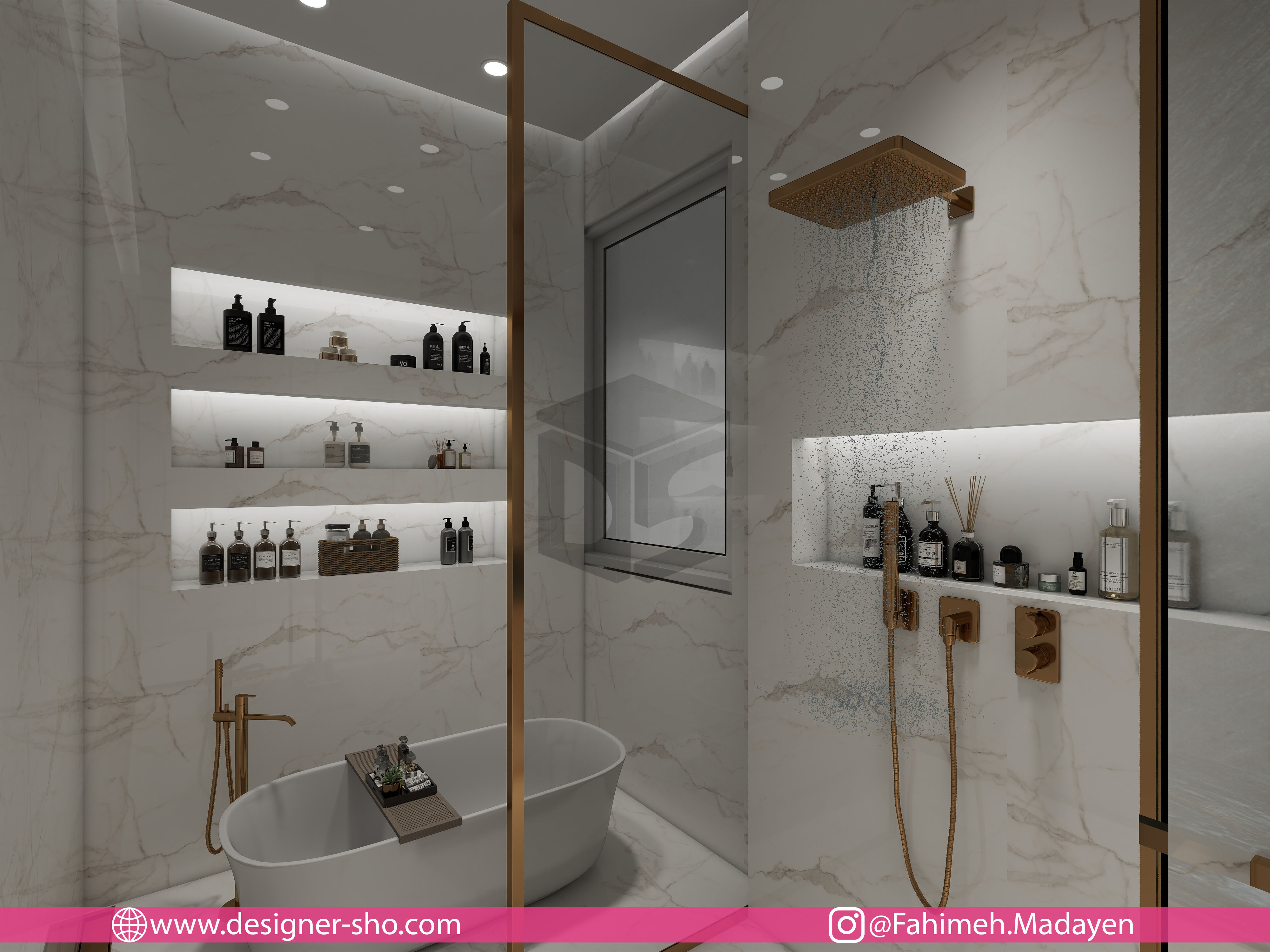 حمام لوکس خانه صریریان با کابین دوش شیشهای، روشویی سنگی، نورپردازی سقفی و جزئیات طلایی
