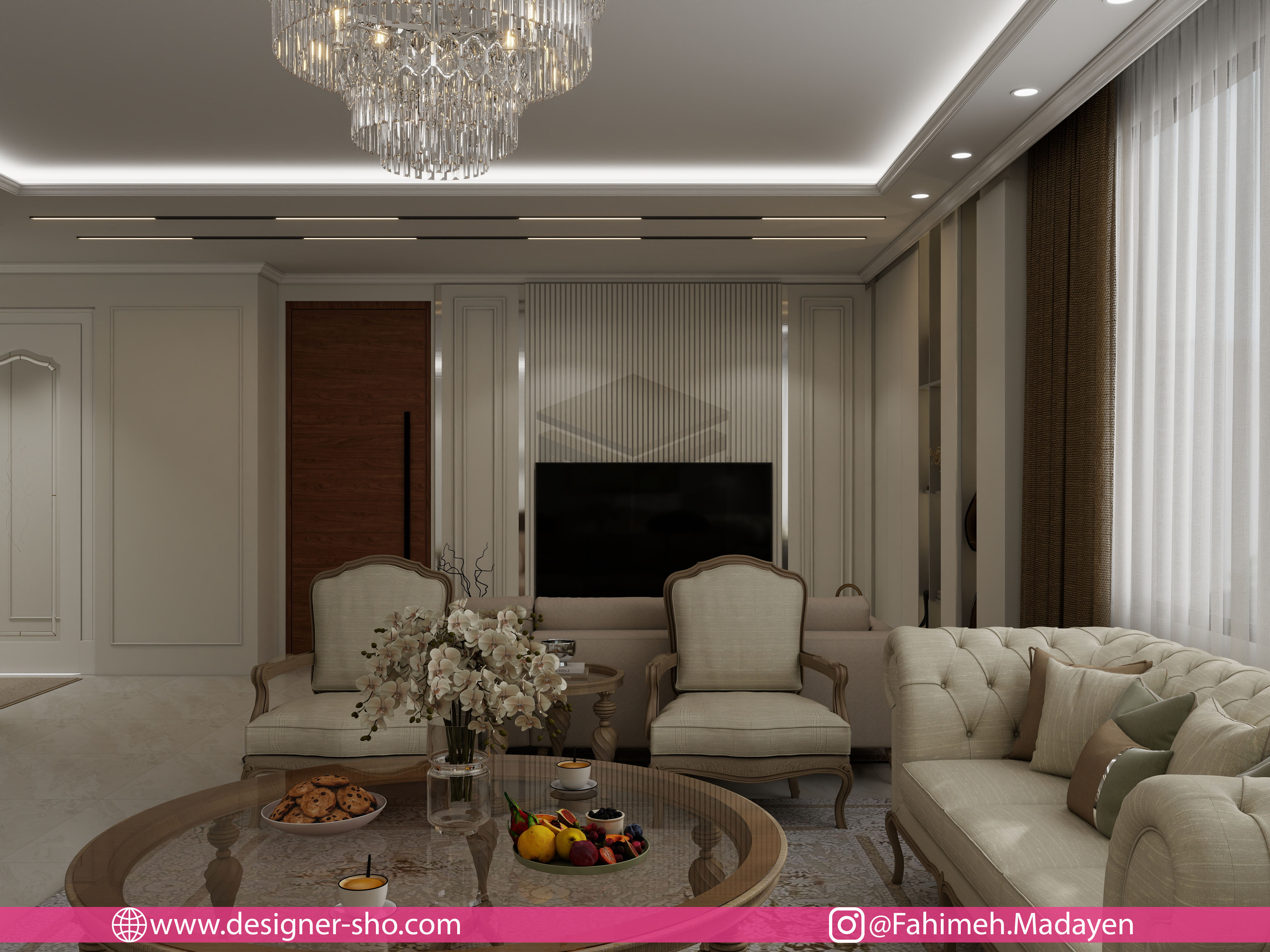 نمای ورودی از نشیمن با TV Wall و لوستر کریستالی در طراحی داخلی نئوکلاسیک مدرن دیزاینر شو
