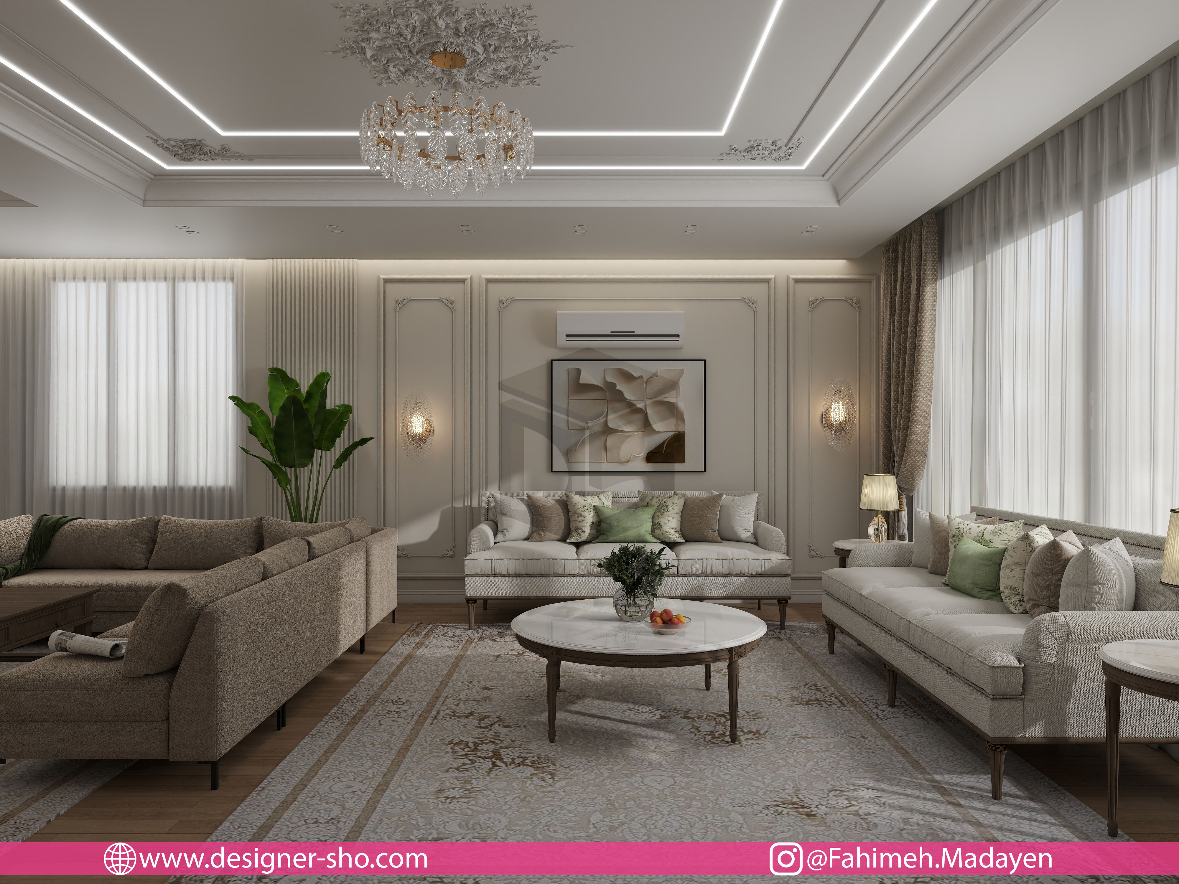 طراحی داخلی پذیرایی نئوکلاسیک مدرن با قاببندی دیوار، نور مخفی و مبلمان روشن