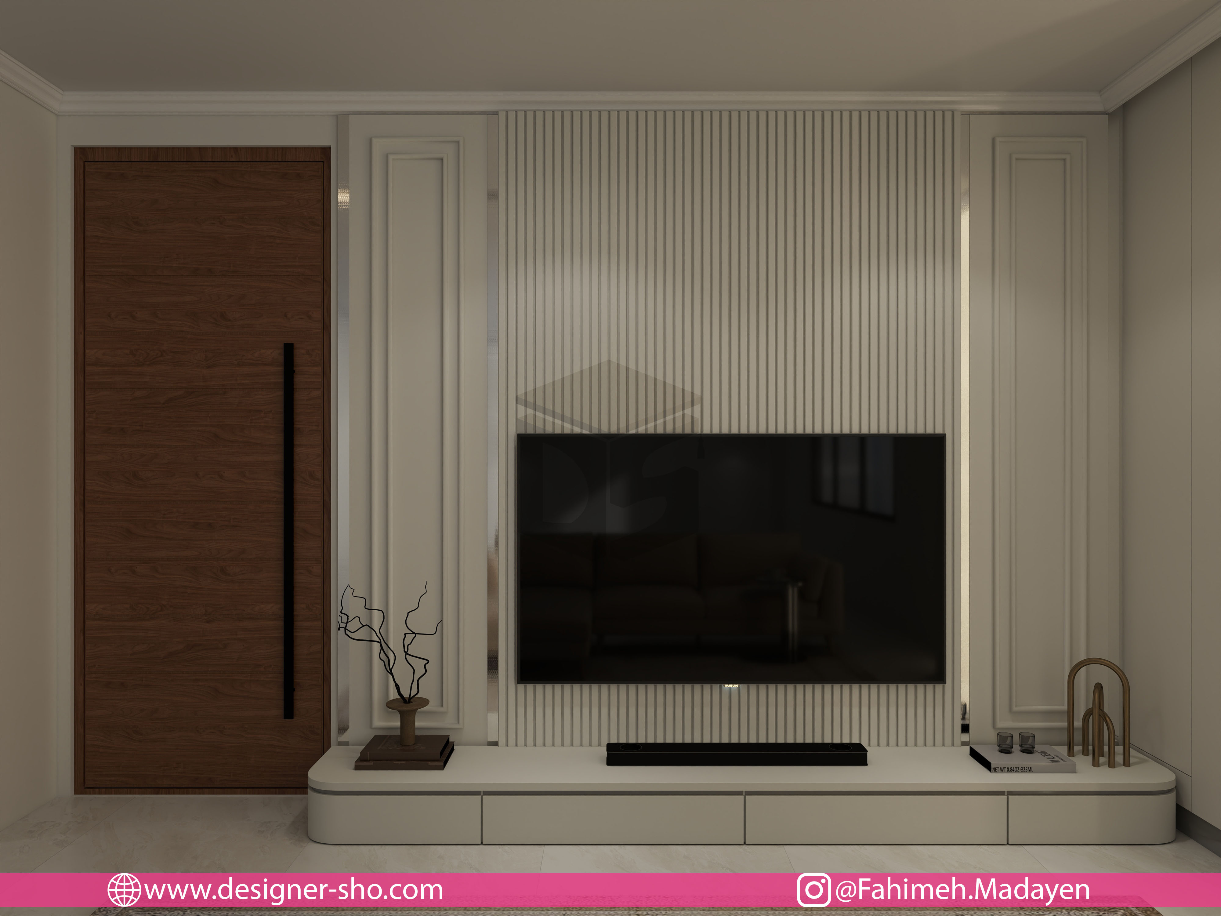 طراحی ورودی خانه تنگسیری با دیوار تلویزیون نئوکلاسیک مدرن در پروژه دیزاینر شو فهیمه مداین