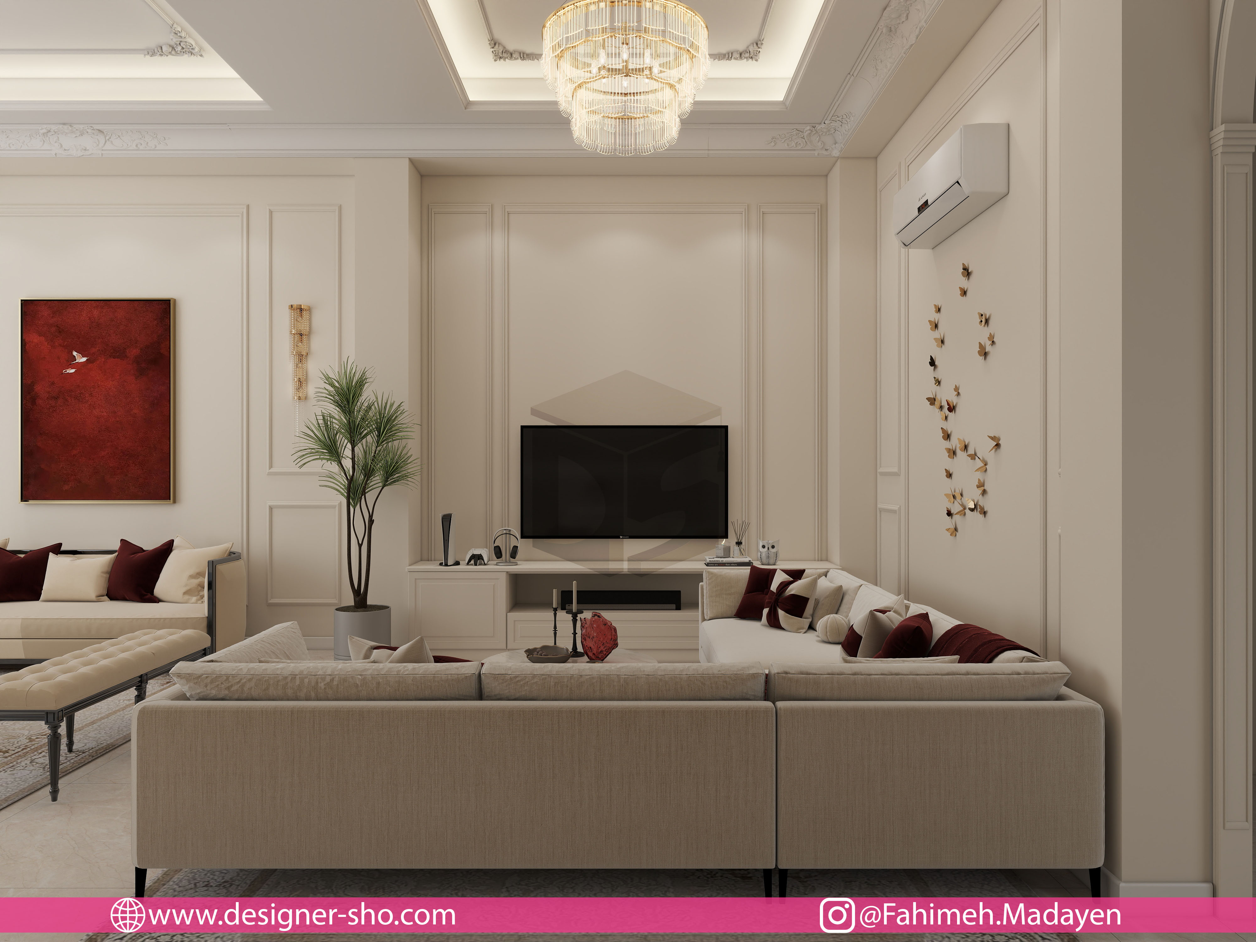 طراحی تی وی وال نئوکلاسیک مدرن با رنگ روشن و قاببندی دیوار
