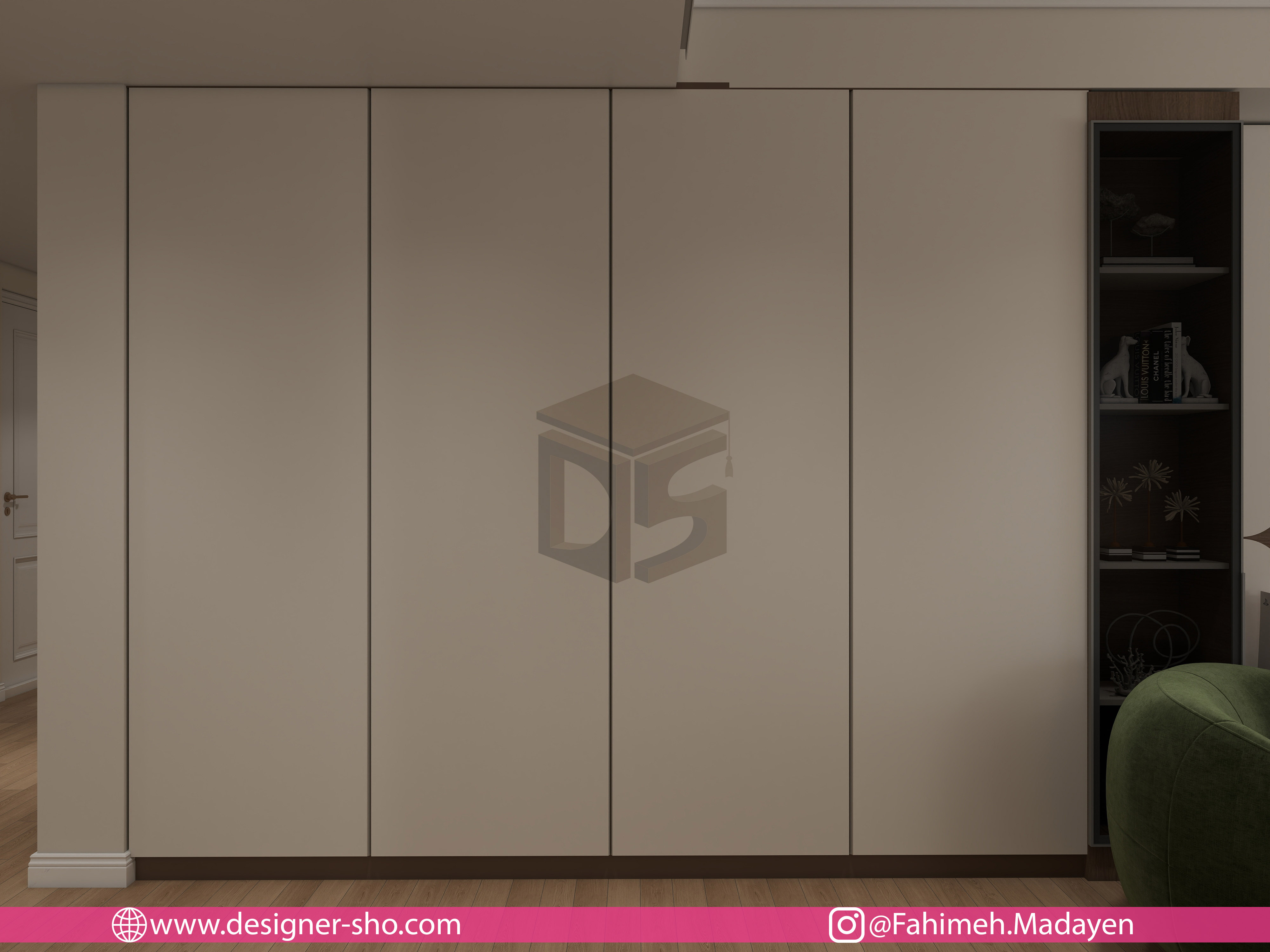طراحی کمد دیواری بزرگ در نشیمن خانه صریریان برای ذخیرهسازی پنهان در سبک نئوکلاسیک مدرن