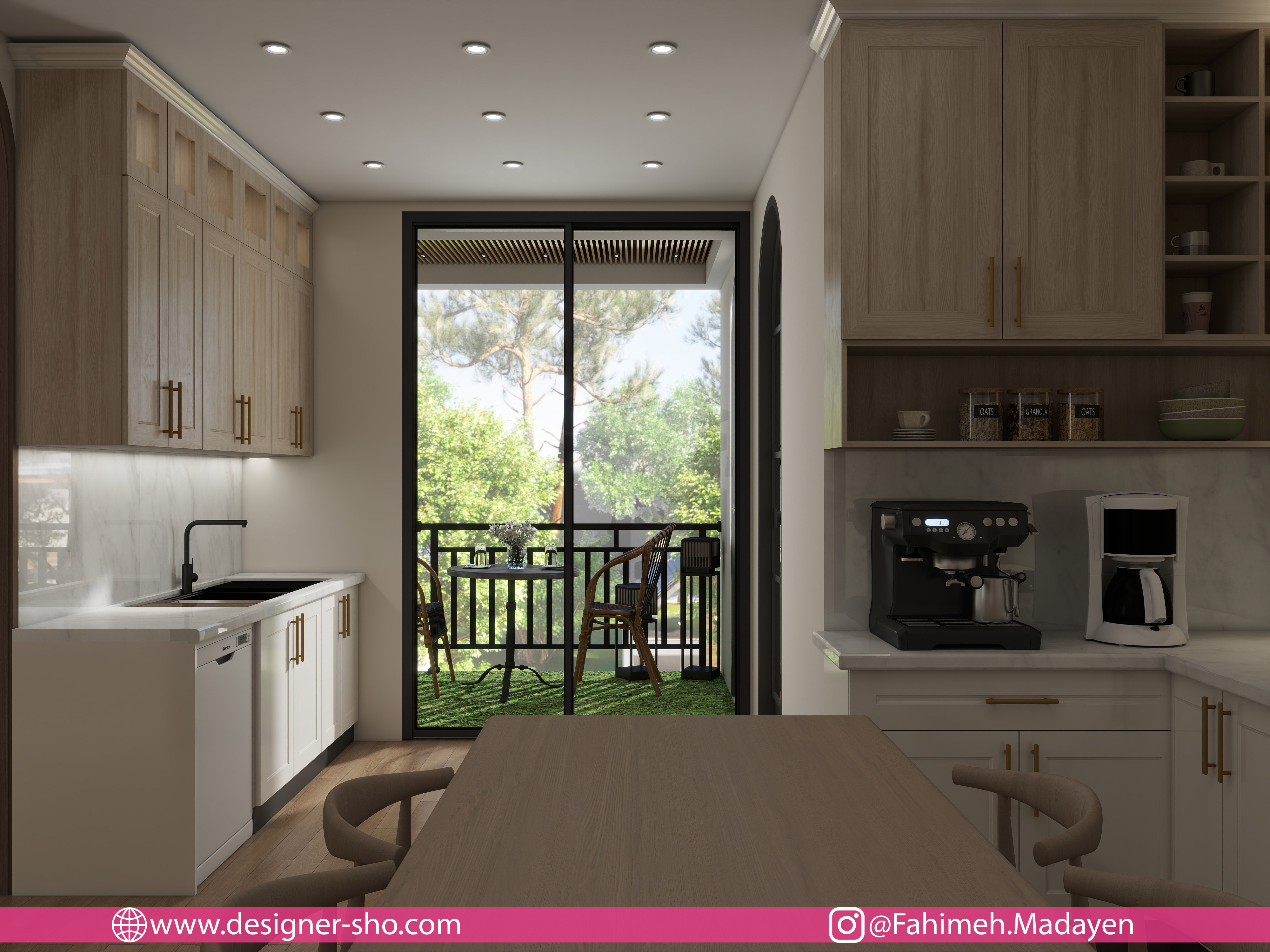 طراحی آشپزخانه اصلی خانه صریریان با کابینت سفید و چوب روشن در سبک نئوکلاسیک مدرن