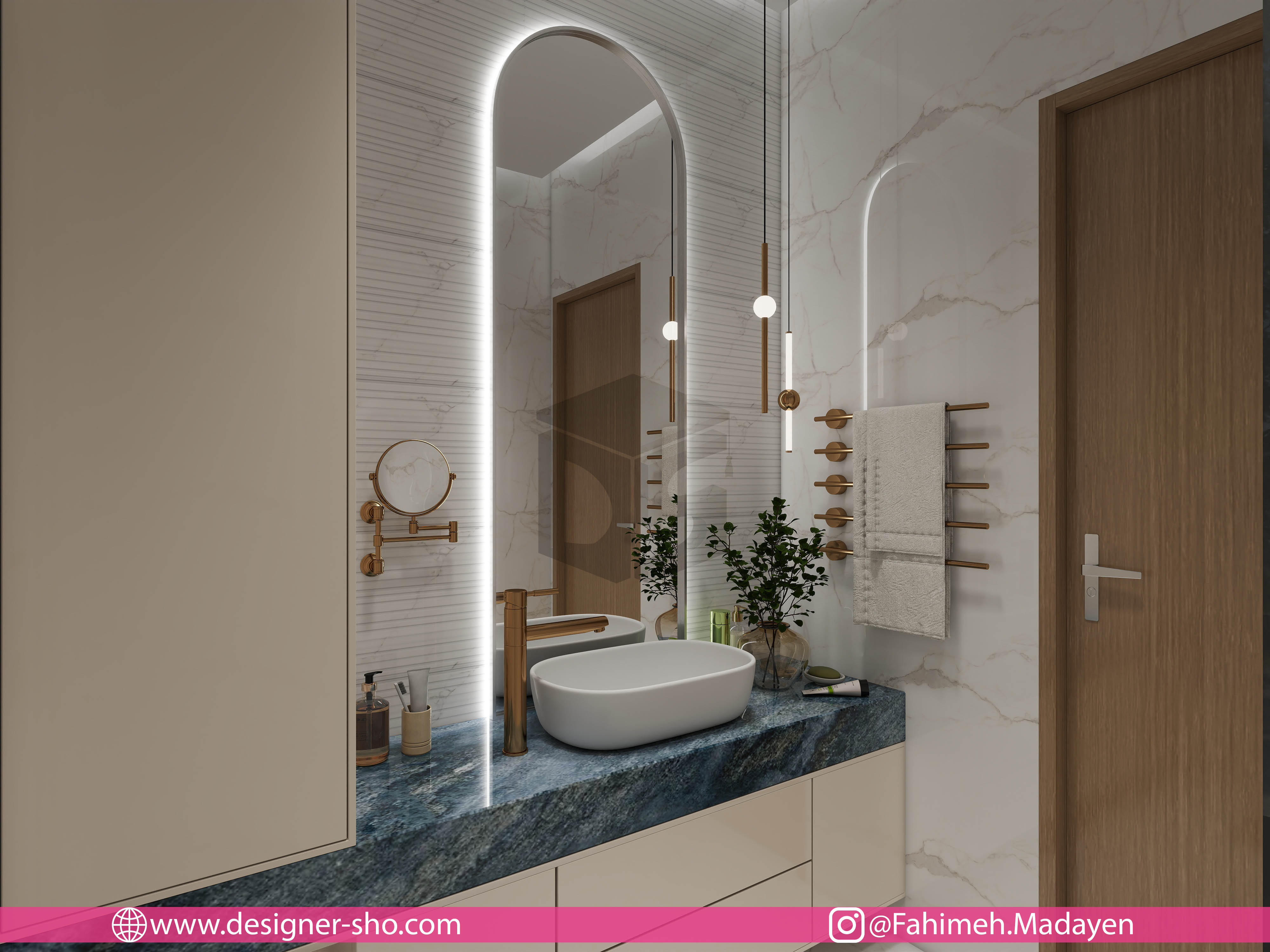 دکوراسیون سرویس بهداشتی نئوکلاسیک مدرن با آینه قوسی، کاشی مرمر روشن و صفحه روشویی سنگی آبی
