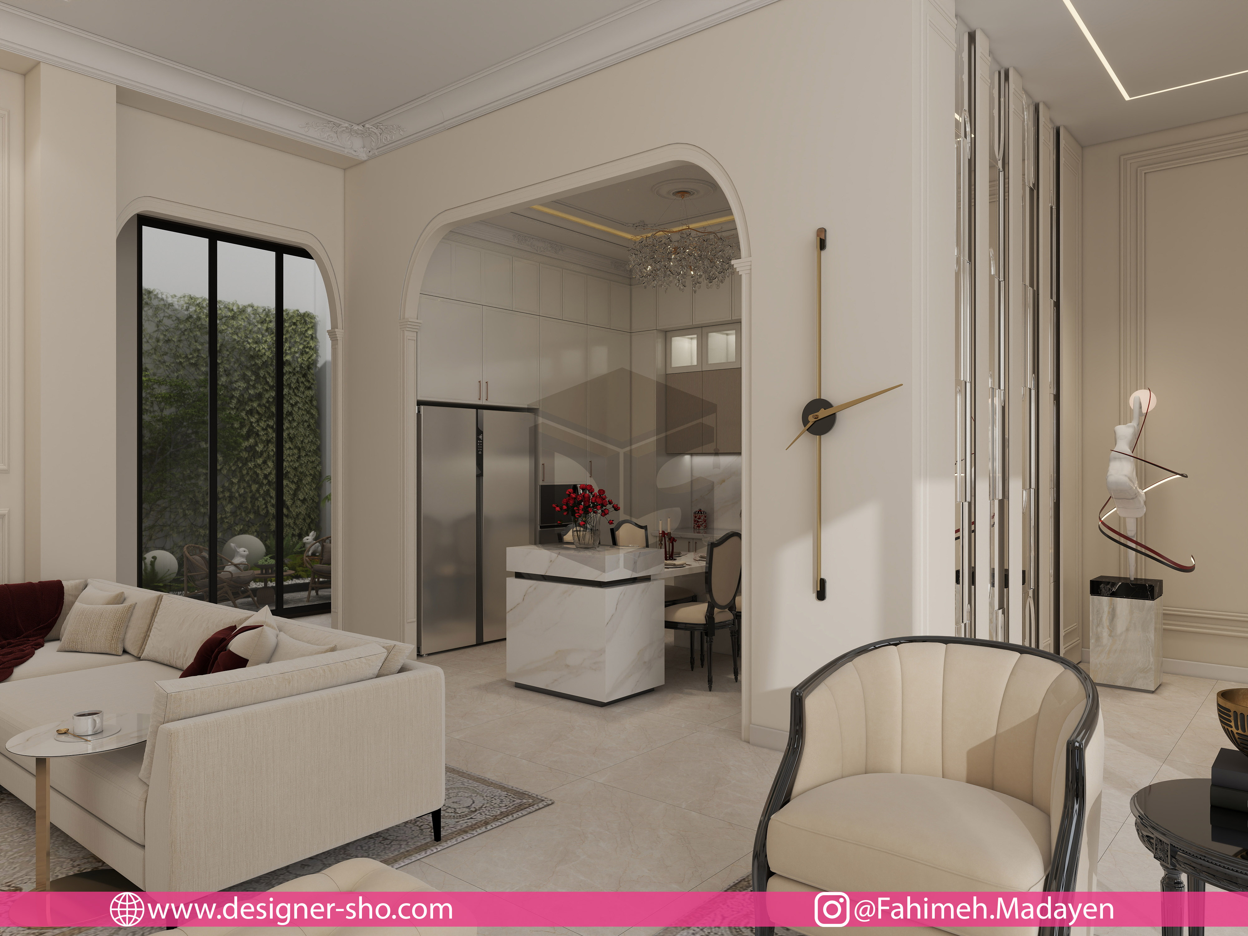 طراحی آشپزخانه نئوکلاسیک مدرن با کابینت روشن و جزیره کاربردی