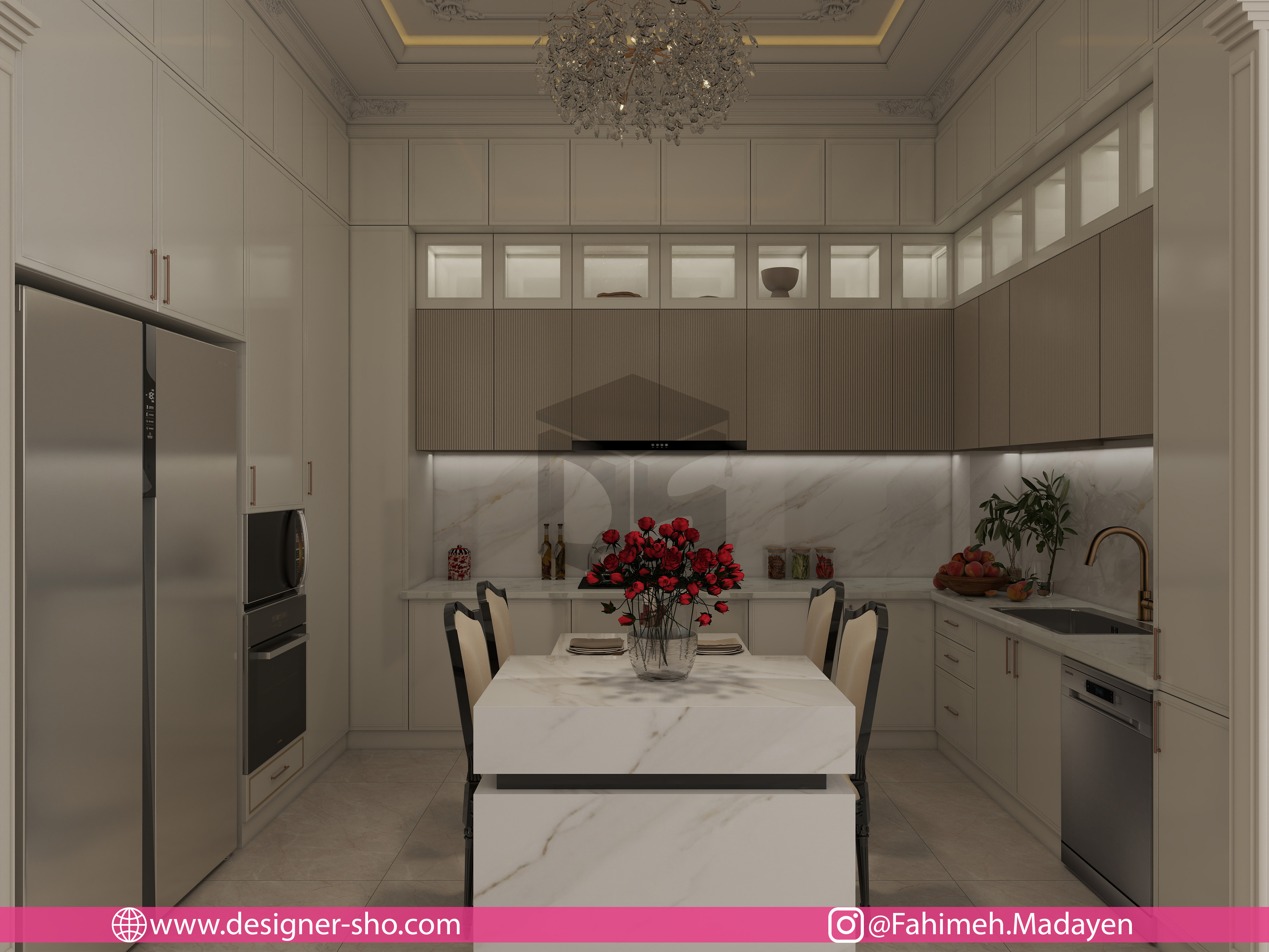 طراحی آشپزخانه نئوکلاسیک مدرن با یخچال سیلور و پنتری