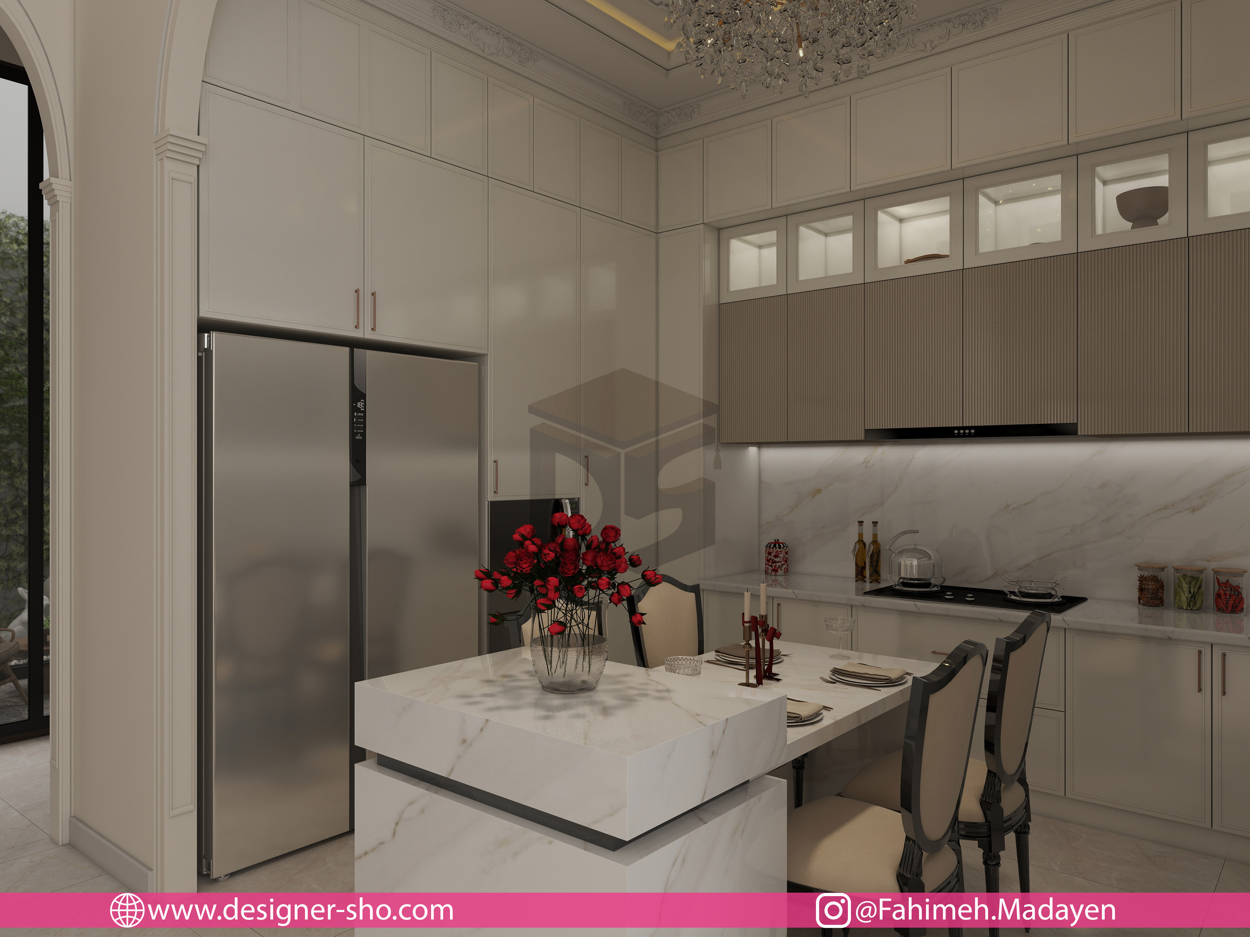 دکوراسیون آشپزخانه مدرن لوکس با کابینت روشن و فضای منظم