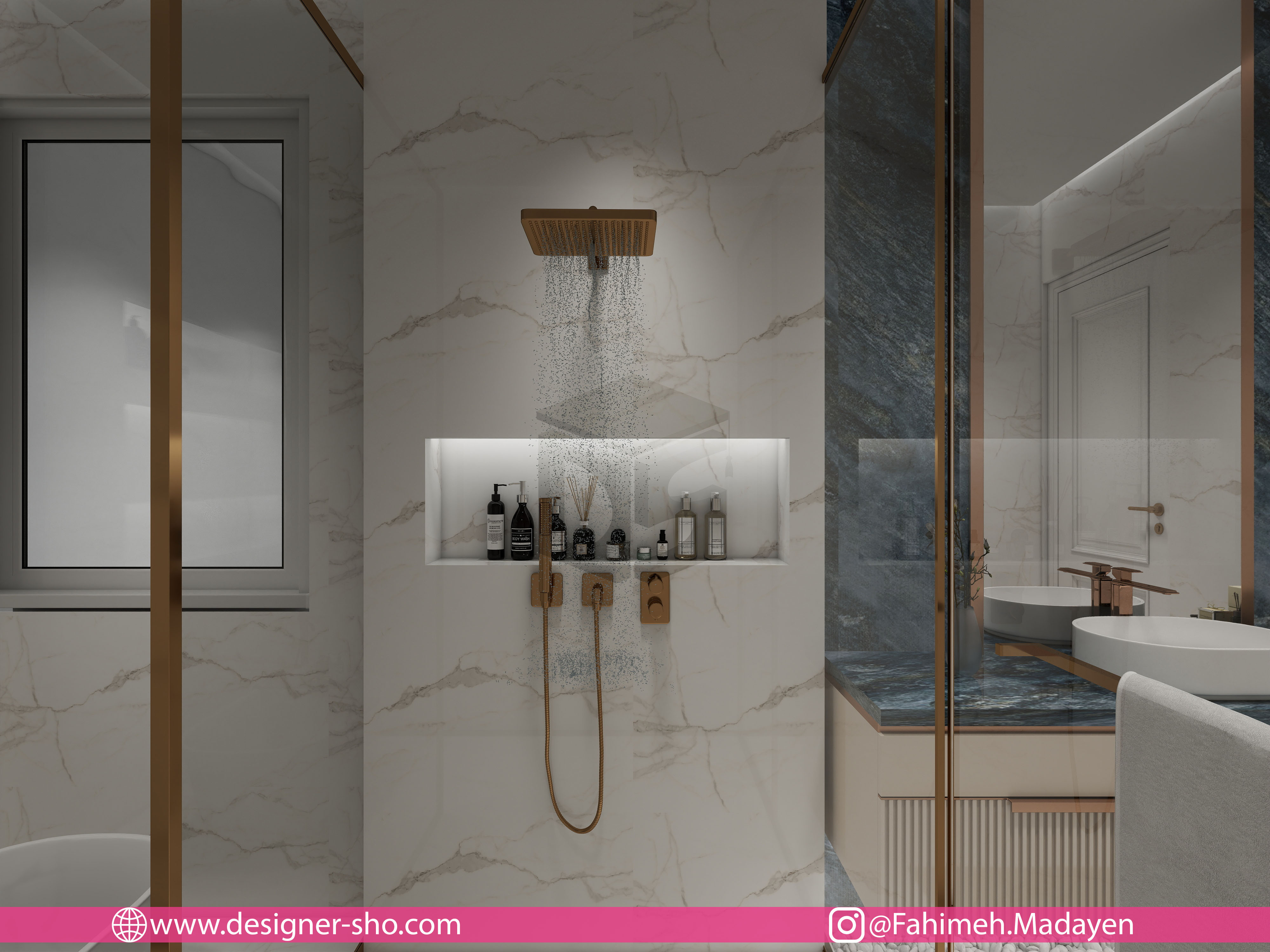 طراحی دوش حمام مدرن با شلف توکار، کاشی مرمر سفید، سردوش طلایی و کابین شیشهای