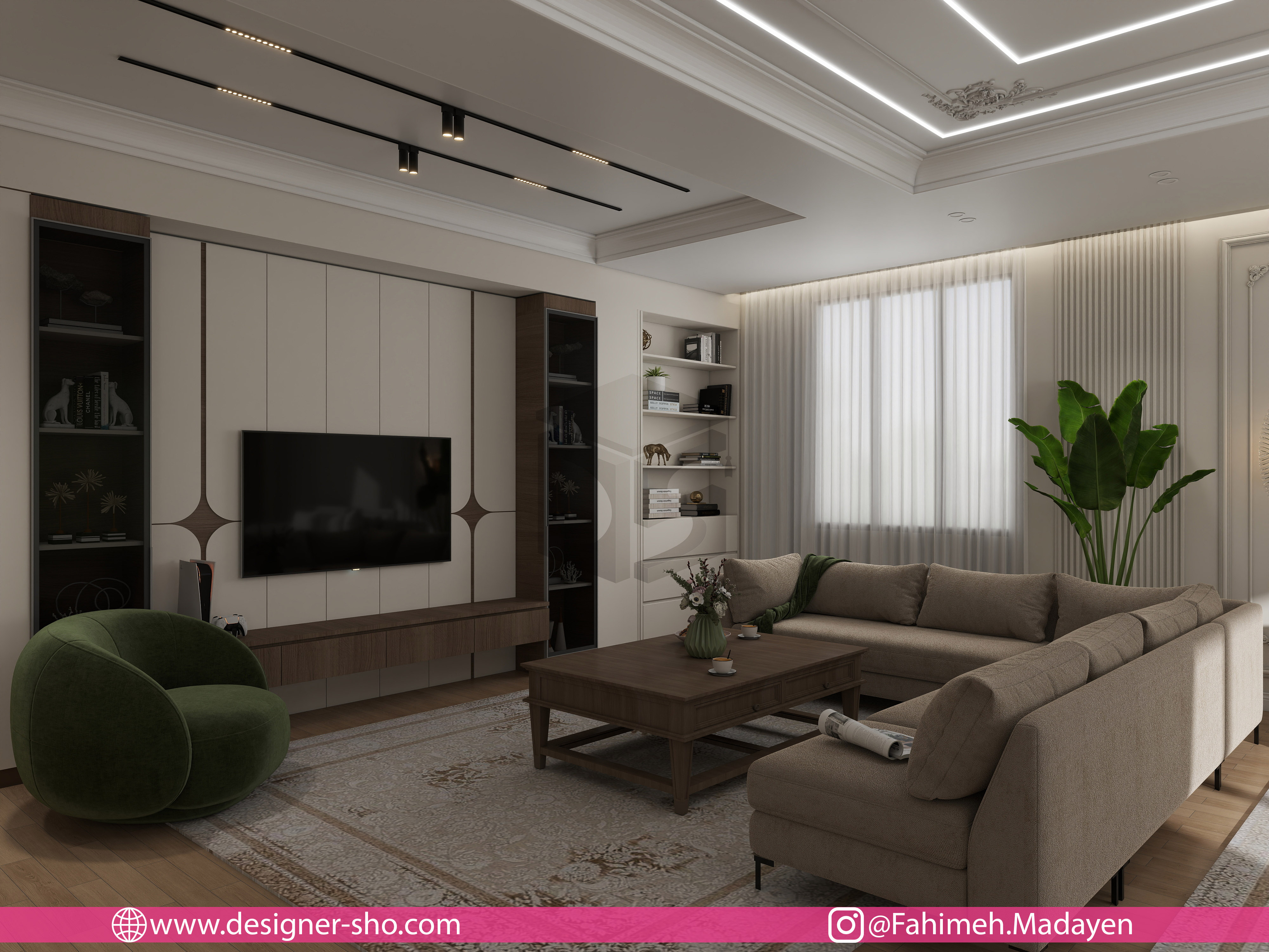 دکوراسیون نشیمن نئوکلاسیک مدرن با مبل خنثی، صندلی سبز، تی وی وال و پرده روشن