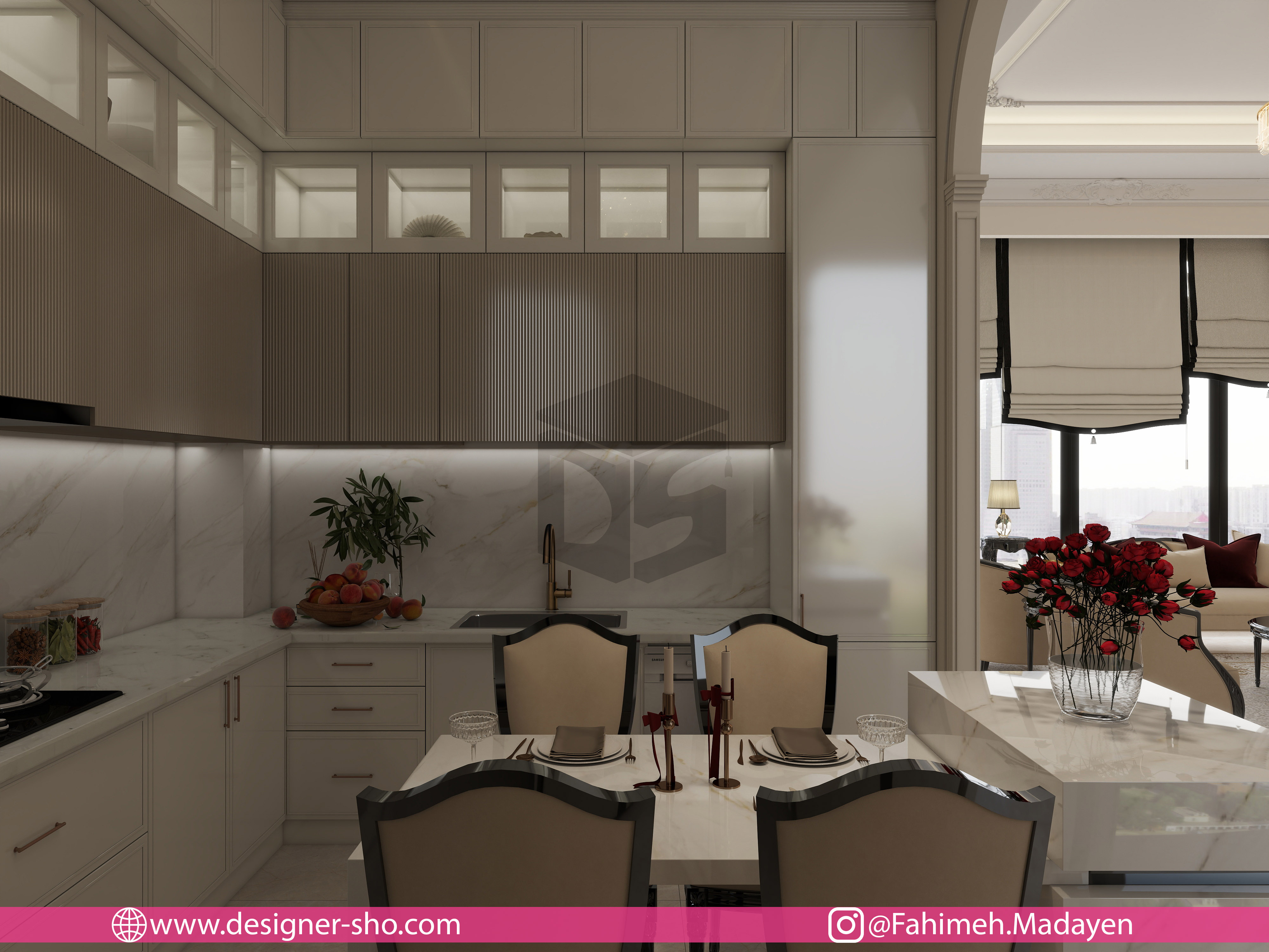 دکوراسیون آشپزخانه لوکس با کابینت کرم و طراحی هماهنگ با نشیمن