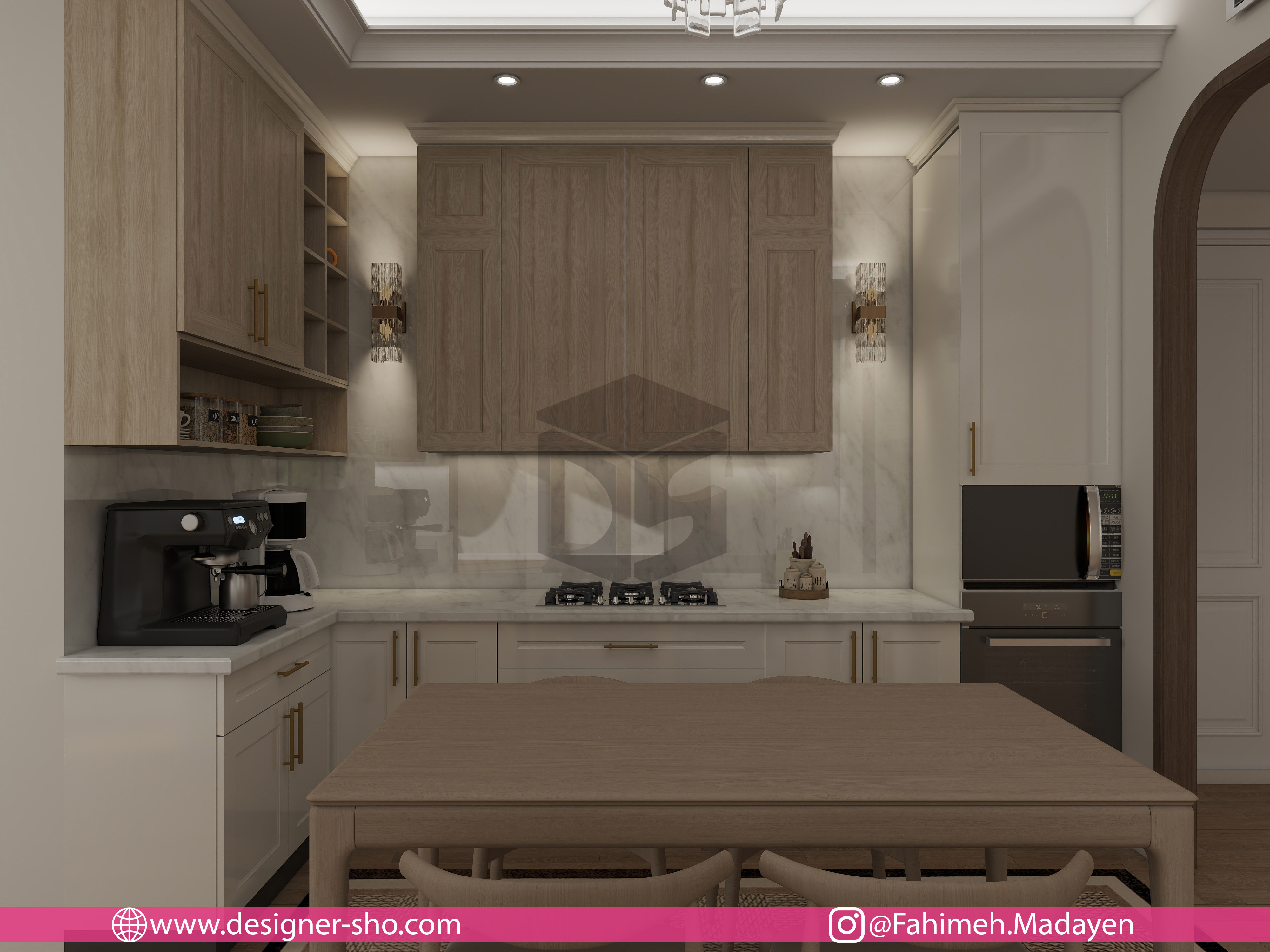 طراحی کابینت نئوکلاسیک مدرن با ترکیب چوب روشن، دستگیره طلایی و فضای قهوهساز در خانه صریریان