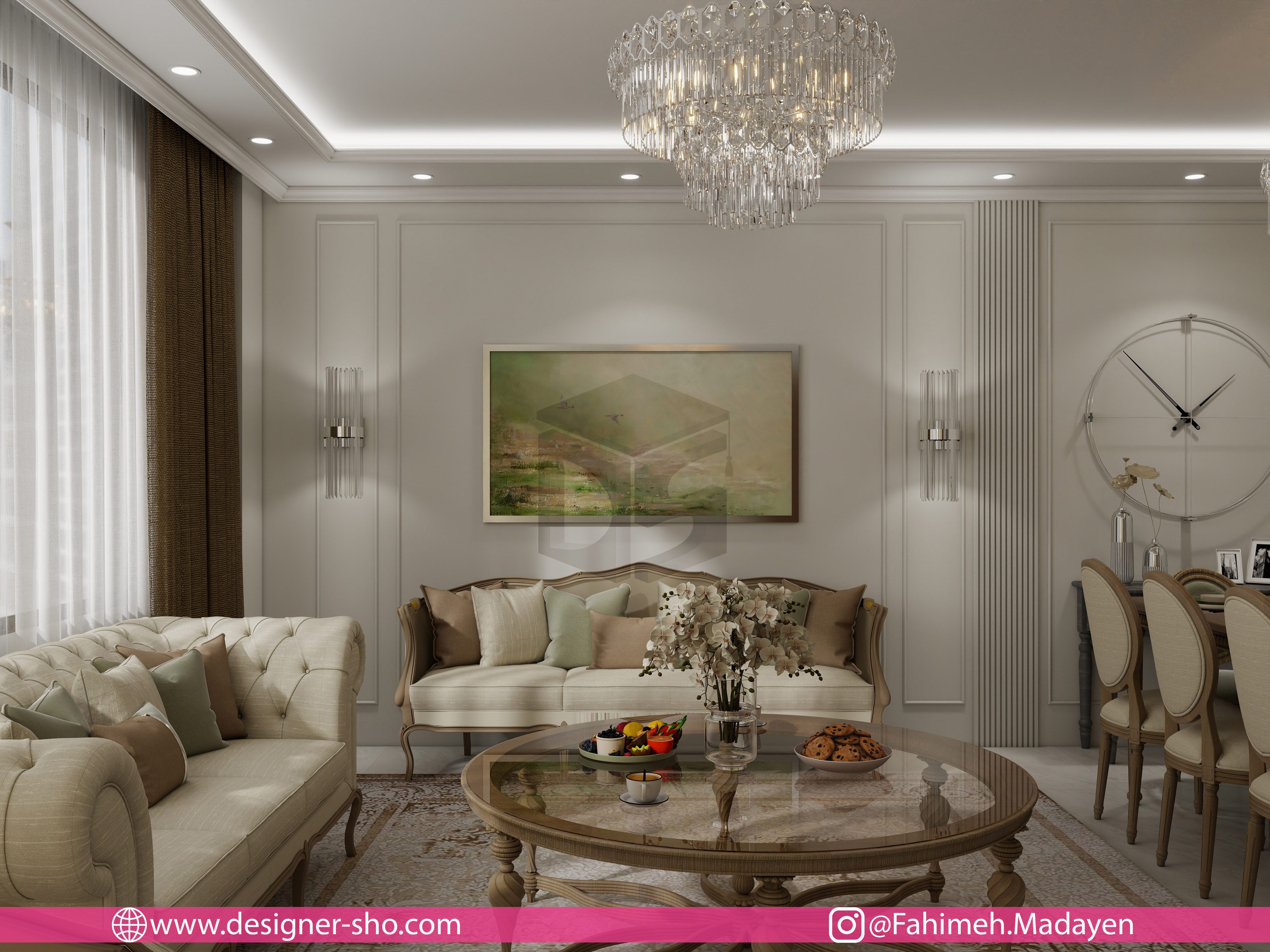 طراحی دیوار پذیرایی نئوکلاسیک مدرن با قاببندی ظریف و تابلو دکوراتیو