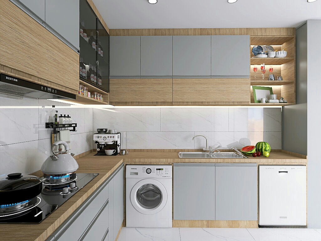 کابینت طوسی با چوب طبیعی و لوازم برقی سیلور
