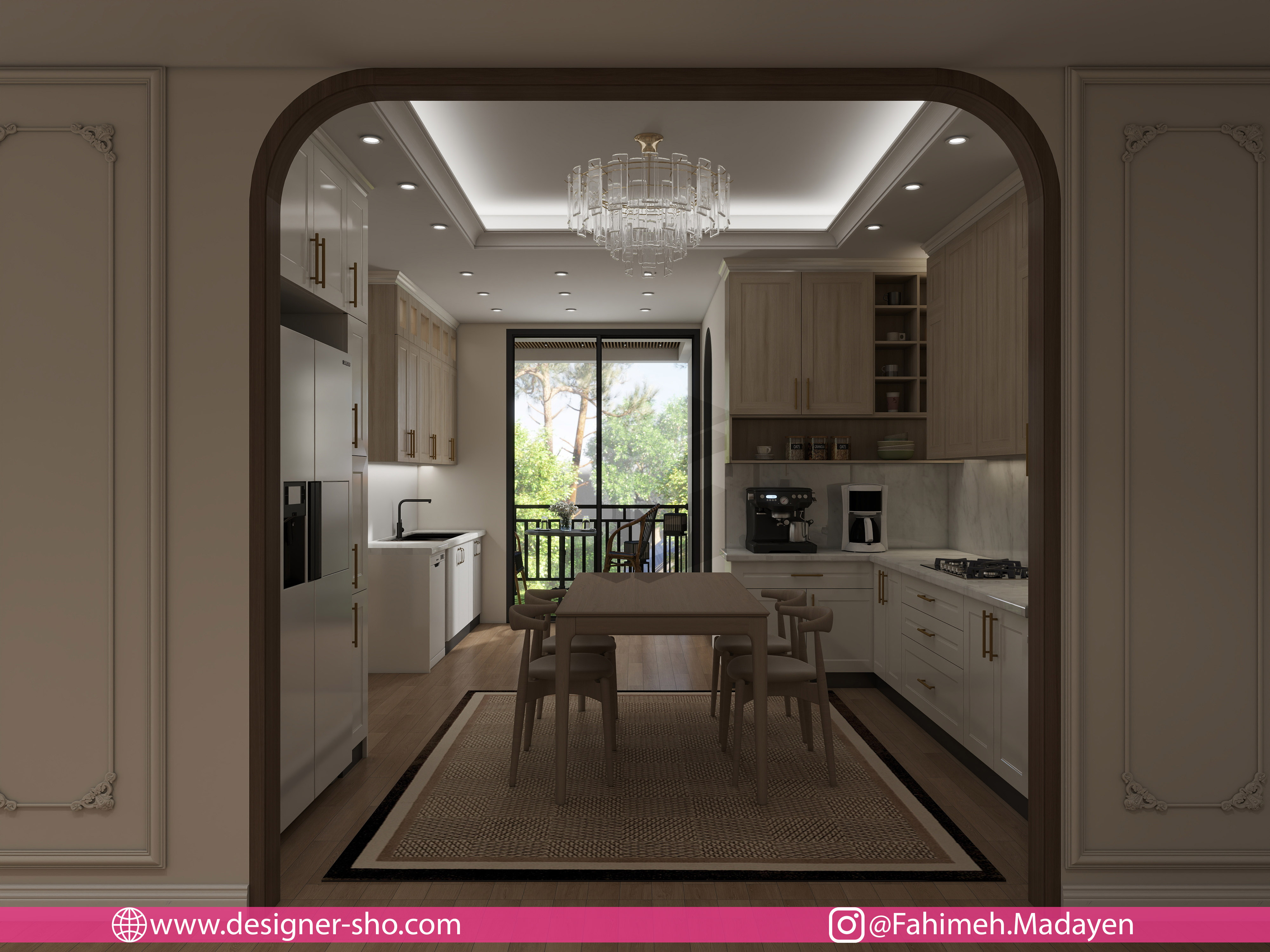 طراحی آشپزخانه نئوکلاسیک مدرن خانه صریریان با کابینت چوب روشن، سنگ سفید و میز مرکزی