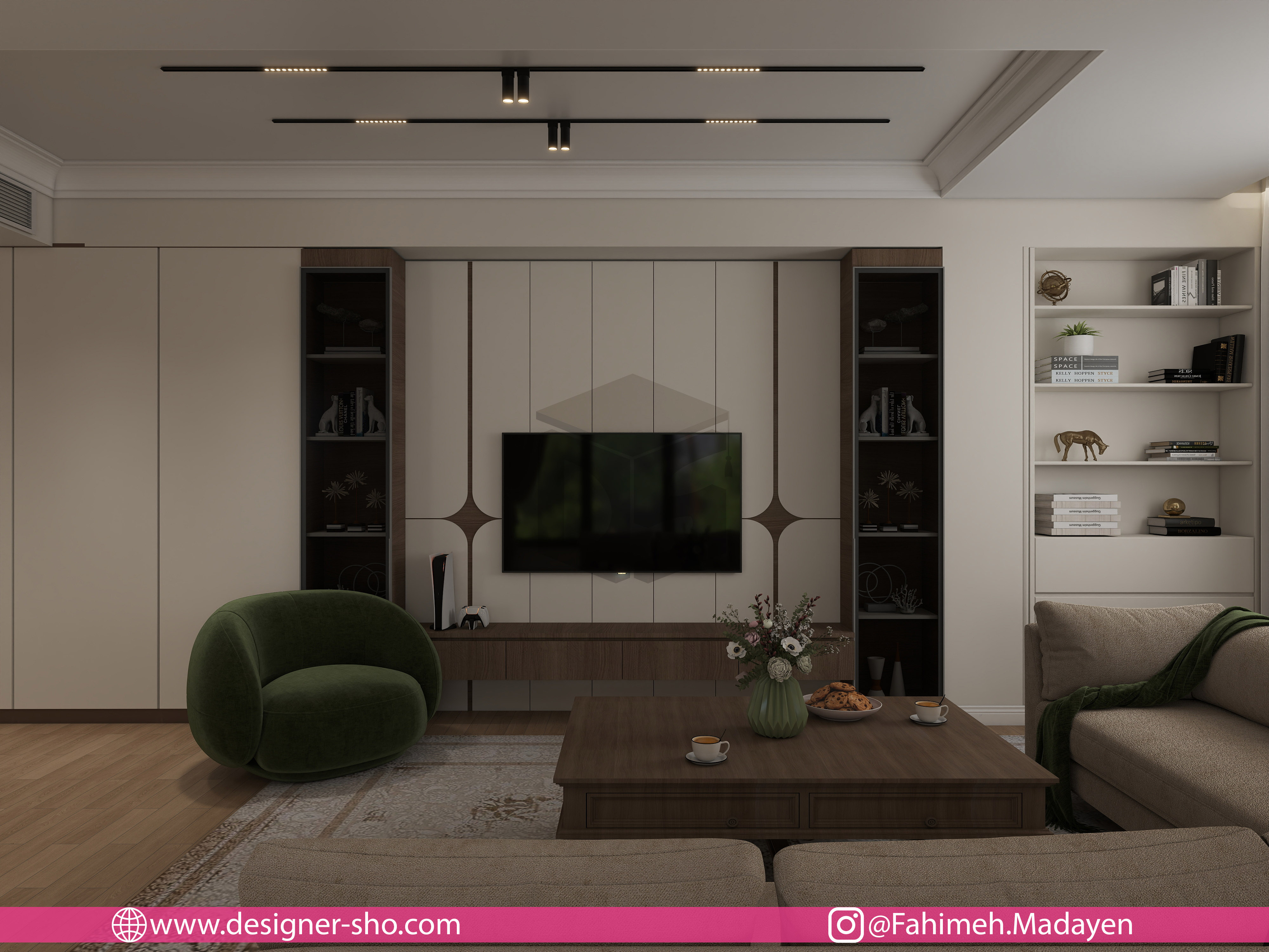 طراحی تی وی وال نئوکلاسیک مدرن خانه صریریان با پنل چوبی، قفسه دکوراتیو و نورپردازی ریلی