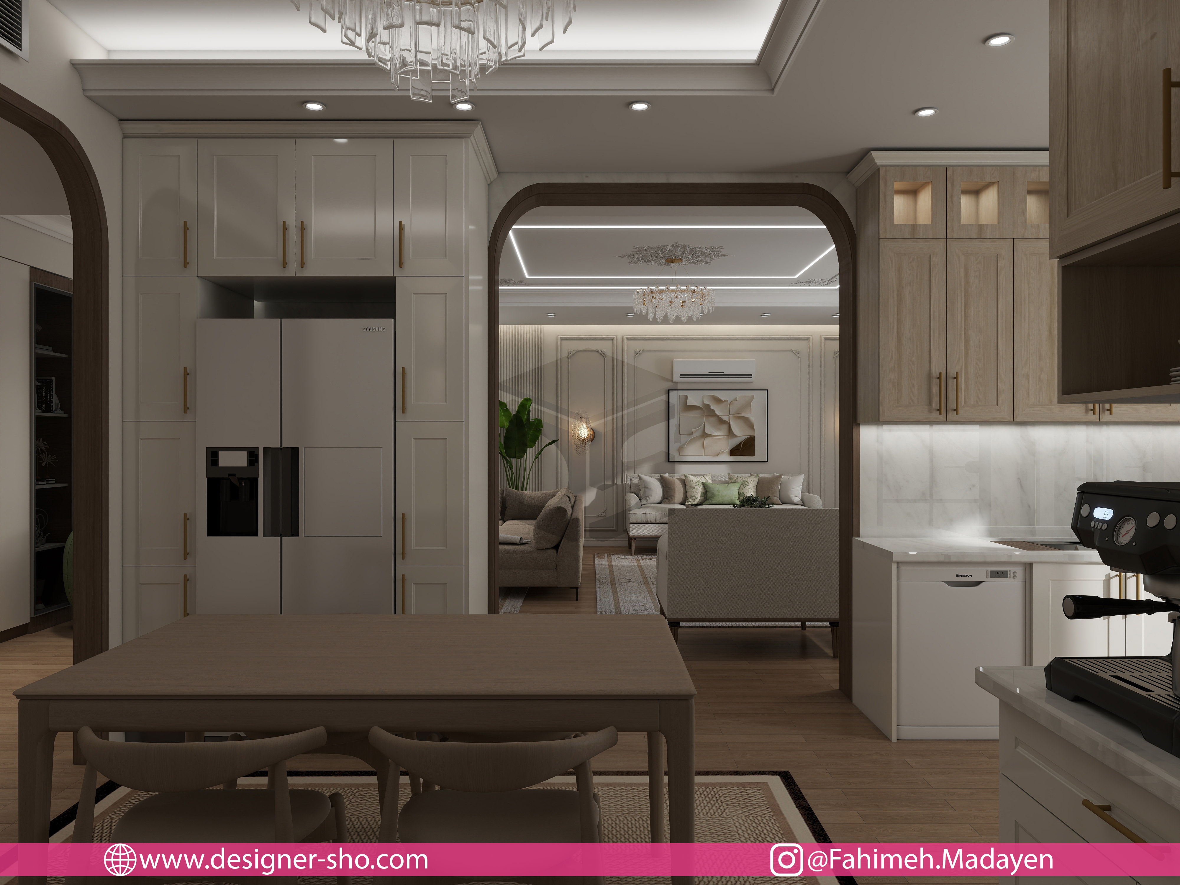 آشپزخانه نیمه باز خانه صریریان با پنجره سرتاسری، نور طبیعی و ارتباط با تراس