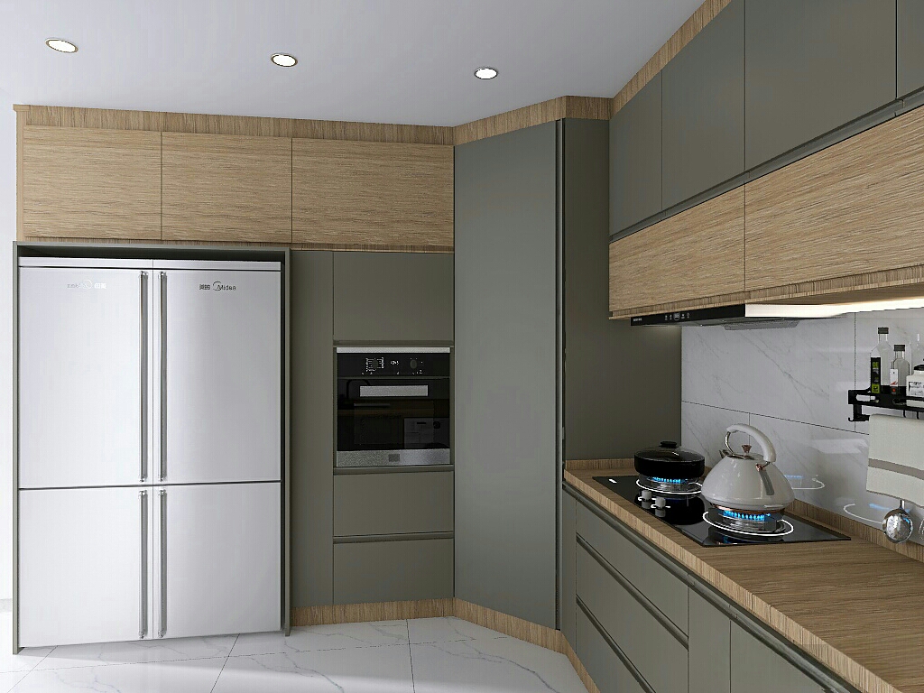 کابینت سبز سدری با چوب طبیعی و لوازم برقی سفید